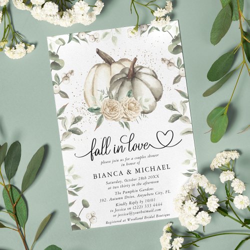 Fall in Love White Pumpkin Greenery Couples Shower Invitation