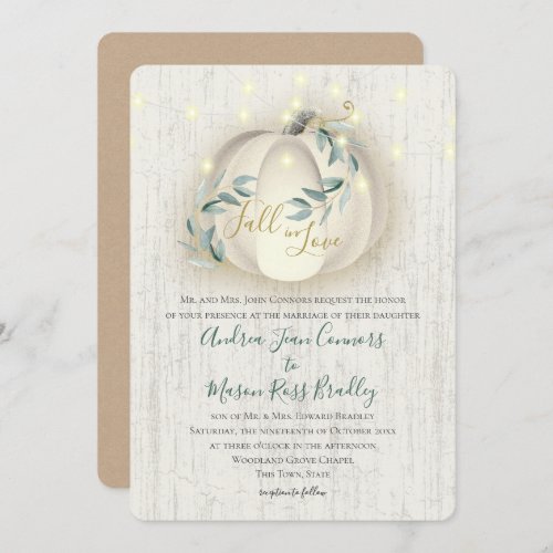 Fall in Love White Pumpkin  Lights Rustic Wedding Invitation