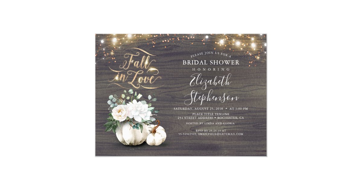 Fall in Love White Pumpkin Rustic Bridal Shower Invitation | Zazzle.com