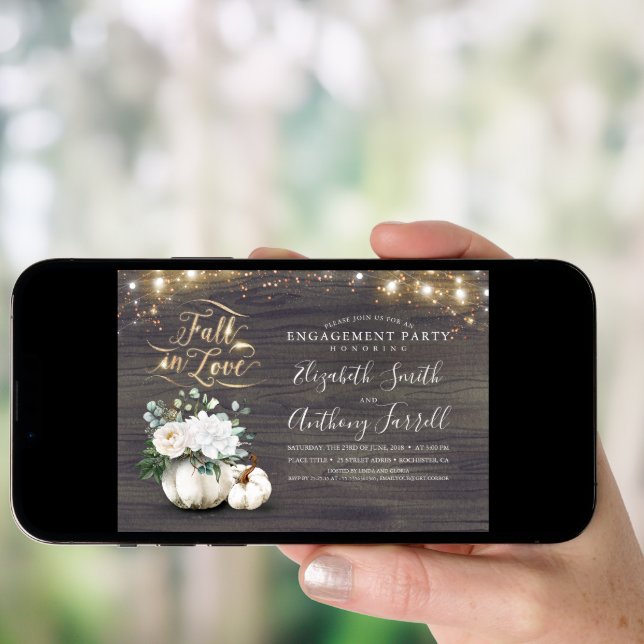 Fall in Love White Pumpkin Rustic Engagement Party Invitation (Front Digital)