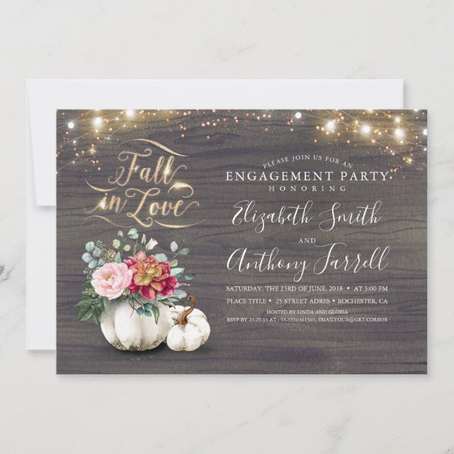 Fall in Love White Pumpkin Rustic Engagement Party Invitation (Front)
