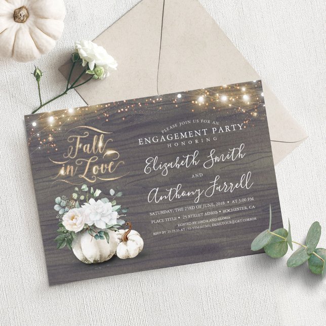 Fall in Love White Pumpkin Rustic Engagement Party Invitation (Creator Uploaded)