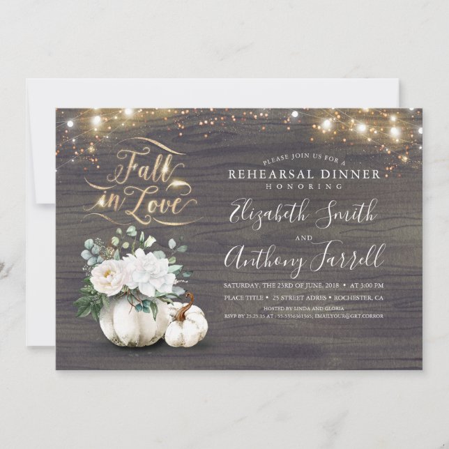 Fall in Love White Pumpkin Rustic Rehearsal Dinner Invitation (Front)