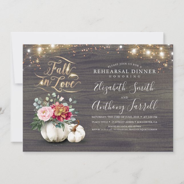Fall in Love White Pumpkin Rustic Rehearsal Dinner Invitation (Front)