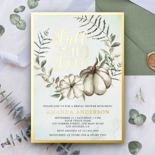 Fall in Love White Pumpkin Sage Bridal Shower Foil Invitation