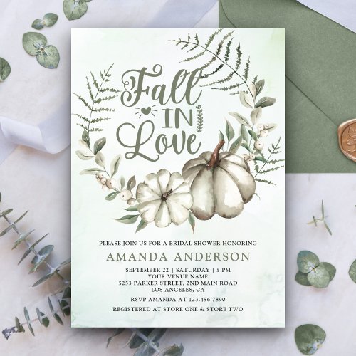 Fall in Love White Pumpkin Sage Bridal Shower Invitation