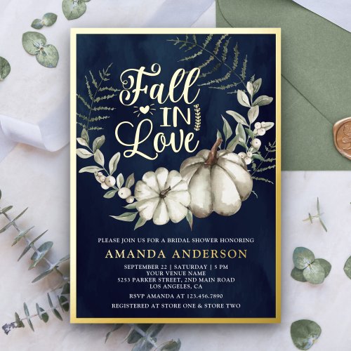 Fall in Love White Pumpkin Sage Navy Bridal Shower Foil Invitation