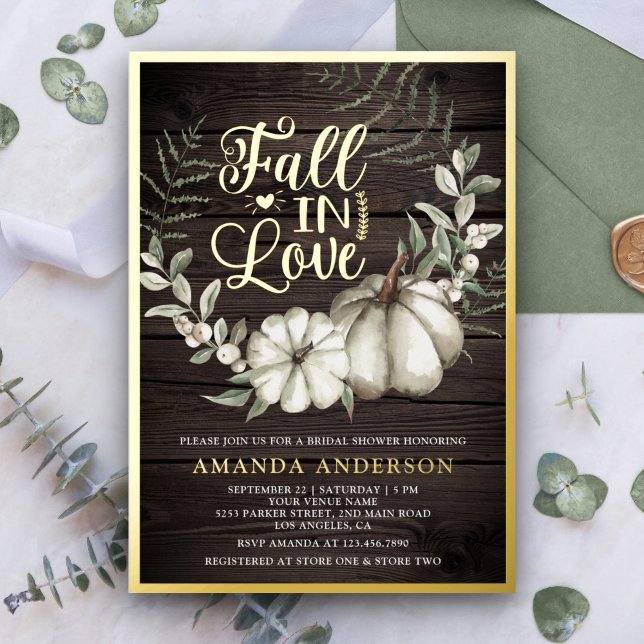 Fall in Love White Pumpkin Sage Wood Bridal Shower Foil Invitation (Creator Uploaded)