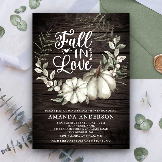 Fall in Love White Pumpkin Sage Wood Bridal Shower Invitation (Creator Uploaded)