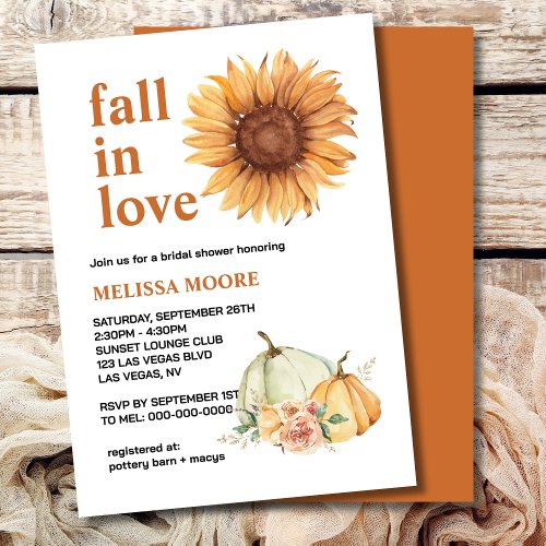 Fall in love white pumpkin sunflower bridal shower invitation