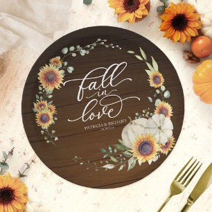 Fall in Love White Pumpkin Sunflower Wedding Paper Plates