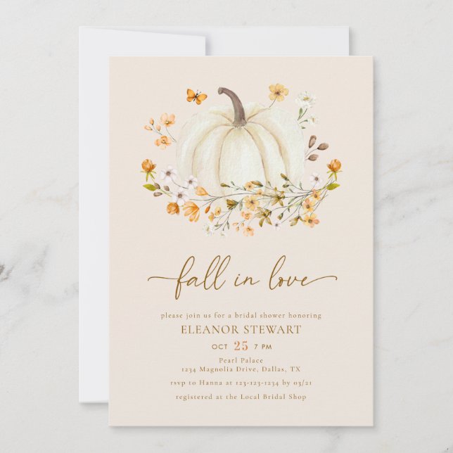 Fall In Love Wildflower Pumpkin Bridal Shower Invitation (Front)