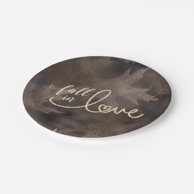 Fall in Love with Autumn | Elegant Brown and Gold Paper Plates (Angled)