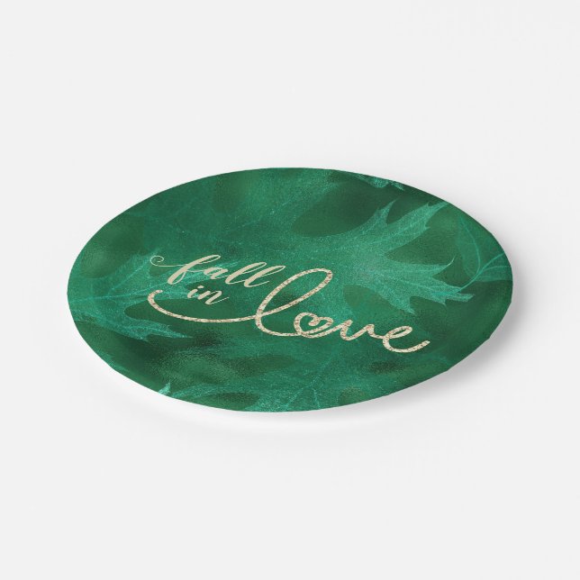 Fall in Love with Autumn | Emerald Green and Gold Paper Plates (Angled)