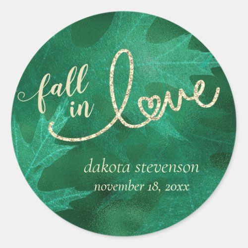 Fall in Love with Autumn  Jade Green and Gold Classic Round Sticker