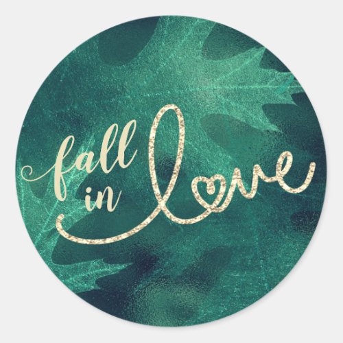 Fall in Love with Autumn  Jade Green and Gold Classic Round Sticker