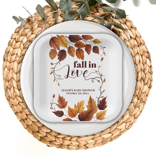 Fall In Love With Autumn Leaves Baby Shower Paper Plates