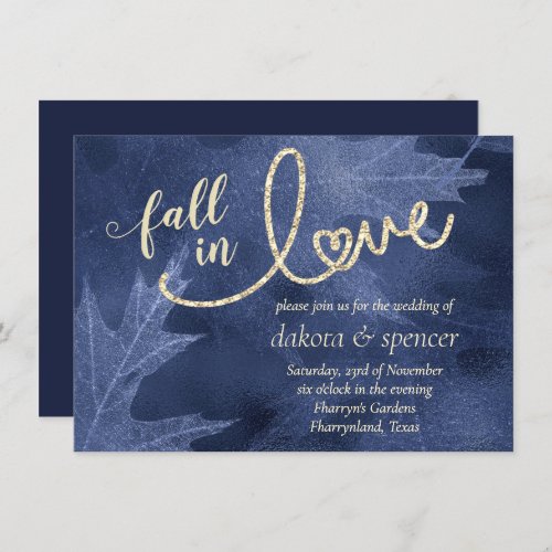 Fall in Love with Autumn  Navy Blue Gold Wedding Invitation