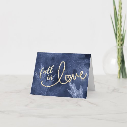 Fall in Love with Autumn  Navy Blue Wedding Photo Thank You Card