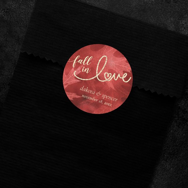 Fall in Love with Autumn | Red and Gold Wedding Classic Round Sticker (Creator Uploaded)
