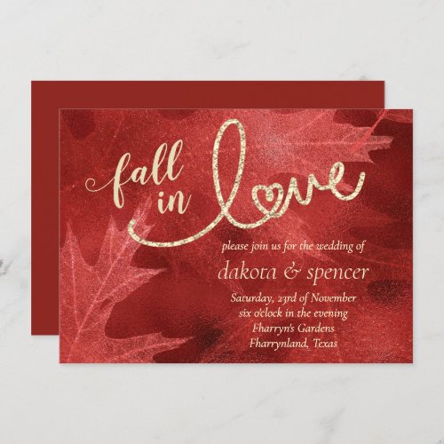 Fall in Love with Autumn  Red and Gold Wedding Invitation