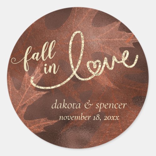 Fall in Love with Autumn  Rustic Brown Wedding Classic Round Sticker