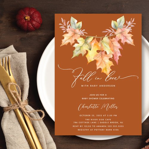 Fall In Love With Baby Autumn Leaves Shower Invitation