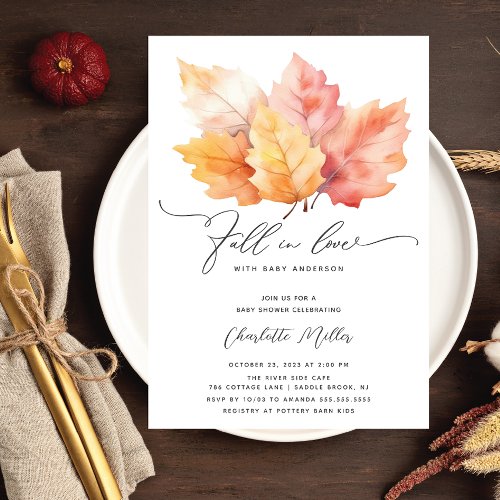 Fall In Love With Baby Autumn Leaves Shower Invitation