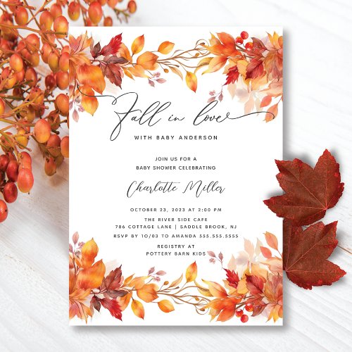 Fall In Love With Baby Autumn Leaves Shower Invitation
