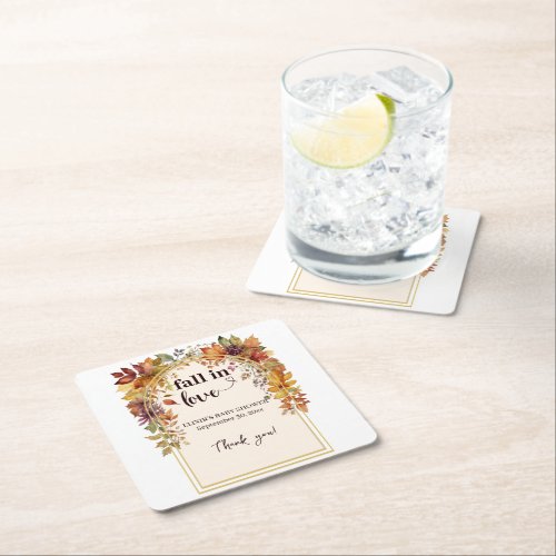 Fall In Love With Baby Autumn Leaves Shower Square Paper Coaster