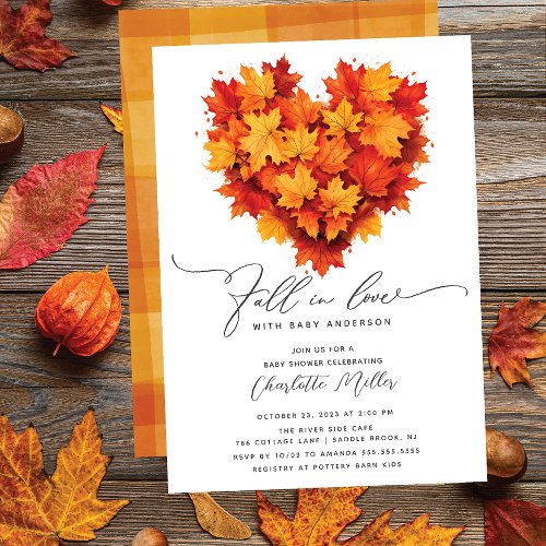 Fall In Love With Baby Leaf Heart Baby Shower Invitation