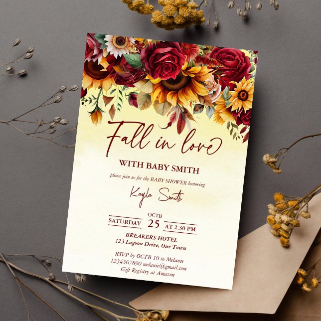 Fall in love with baby shower roses sunflowers invitation (Fall in love baby shower template invitation instant download burgundy roses sunflowers yellow ombre)