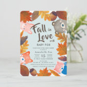 Fall in Love Woodland Animals Blue Baby Shower Invitation (Standing Front)