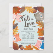 Fall in Love Woodland Animals Blue Baby Shower Invitation (Front)