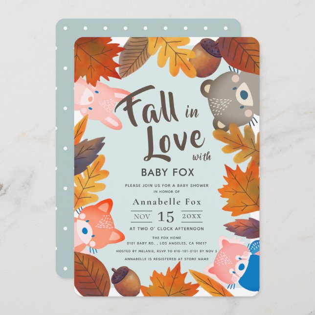 Fall in Love Woodland Animals Blue Baby Shower Invitation (Front/Back)