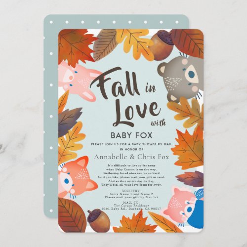 Fall in Love Woodland Animals Blue Shower by Mail Invitation