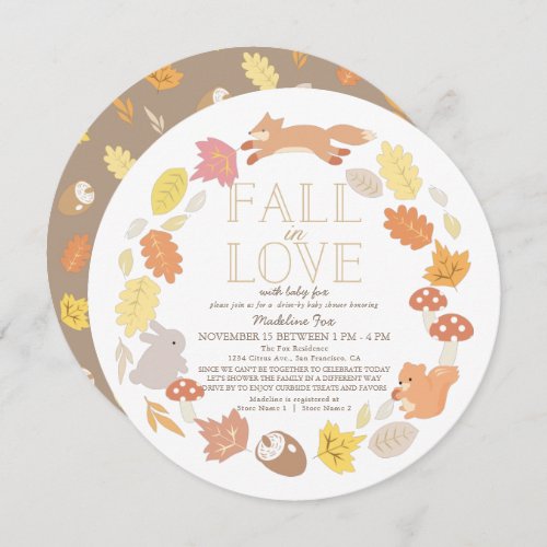 Fall in Love Woodland Animals Drive_by Baby Shower Invitation