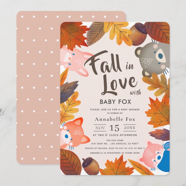 Fall in Love Woodland Animals Pink Baby Shower Invitation (Front/Back)