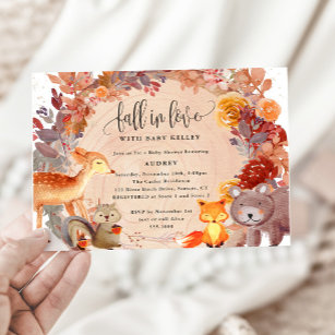 Fall in Love Woodland Animals, Rustic Baby Shower Invitation