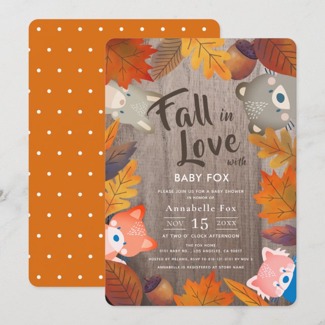 Fall in Love Woodland Animals Wood Baby Shower Invitation (Front/Back)