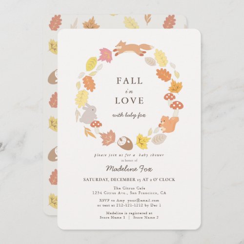 Fall in Love Woodland Animals Wreath Baby Shower Invitation