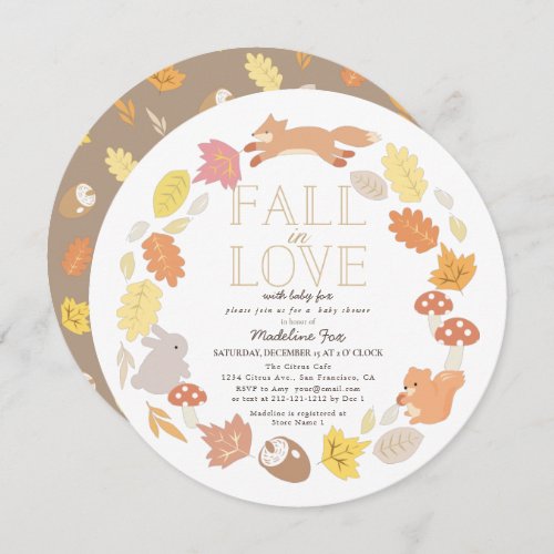 Fall in Love Woodland Animals Wreath Baby Shower Invitation