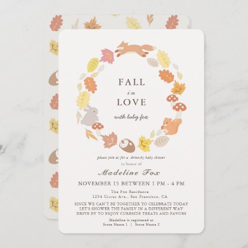 Fall in Love Woodland Animals Wreath Baby Shower Invitation