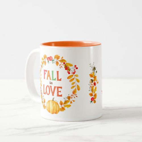 Fall in Love Wreath Autumn Leaves Pumpkin Two_Tone Coffee Mug