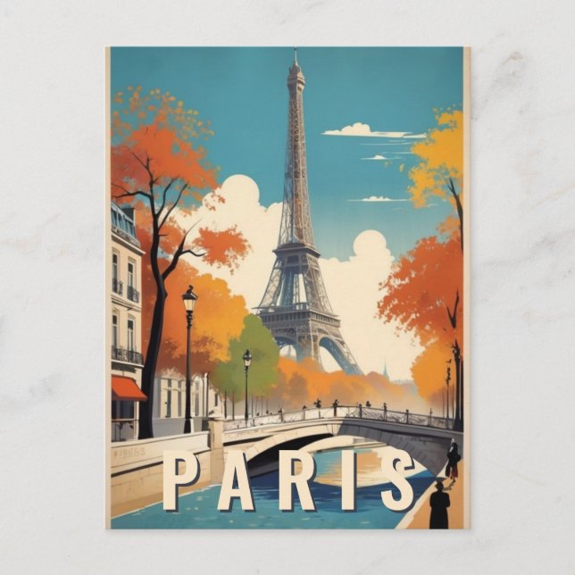 Fall in Paris France Eiffel Tower Retro Travel Postcard (Front)