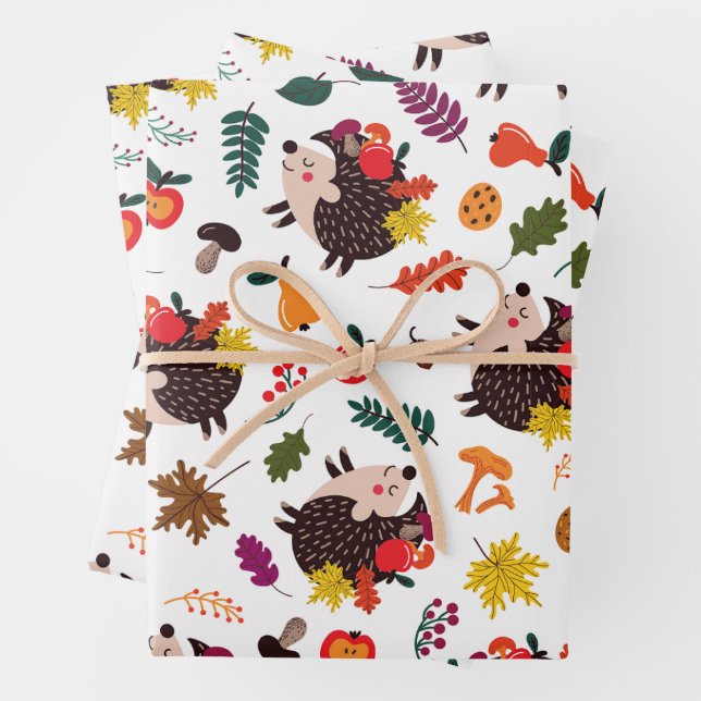 Fall in the Forest Cute Hedgehog with Fruit Wrapping Paper Sheets (In situ)