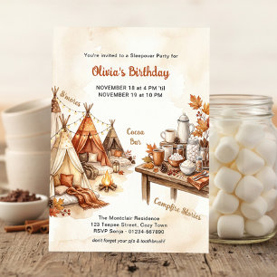 Fall Indoor Glamping Campfire Sleepover Birthday Invitation