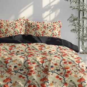 Fall-Inspired Duvet with Birds and Blooming Charm Cover