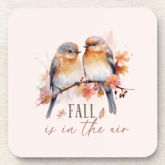 Fall Is In The Air – Cute Birds & Autumn Leaves Beverage Coaster (Front)