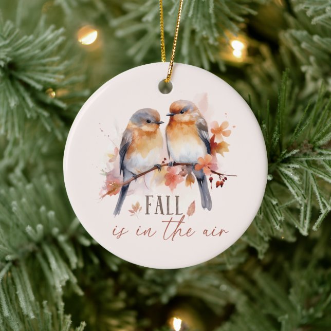 Fall Is In The Air – Cute Birds & Autumn Leaves Ceramic Ornament (Tree)